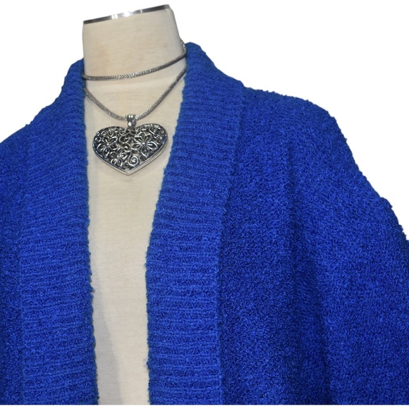Vintage 80s Royal Blue Balloon Sleeves Cardigan Sweater Open Front Pockets M - Picture 2 of 10